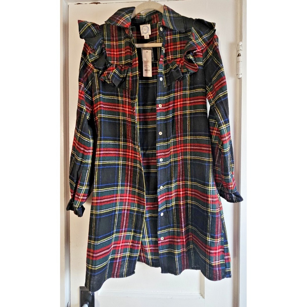 NWT FRANCESCA'S blue rain woman's M shirt dress plaid Christmas ruffles